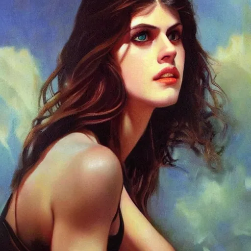 Image similar to ultra realistic portrait painting of alexandra daddario, art by frank frazetta, 4 k, ultra realistic, highly detailed, epic lighting