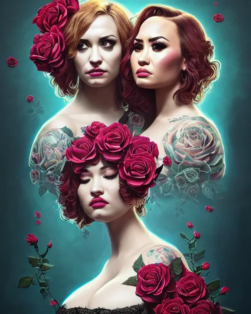 Prompt: perfectly - centered!! looking at the camera!!! full body portrait of christina hendricks and demi lovato with roses, baroque style, roses, intricate abstract upper body intricate artwork, by tooth wu, wlop, beeple, dan mumford. concept art, octane render, deviantart, greg rutkowski, cinematic arthouse, key art, hyper realism, iridescent accents