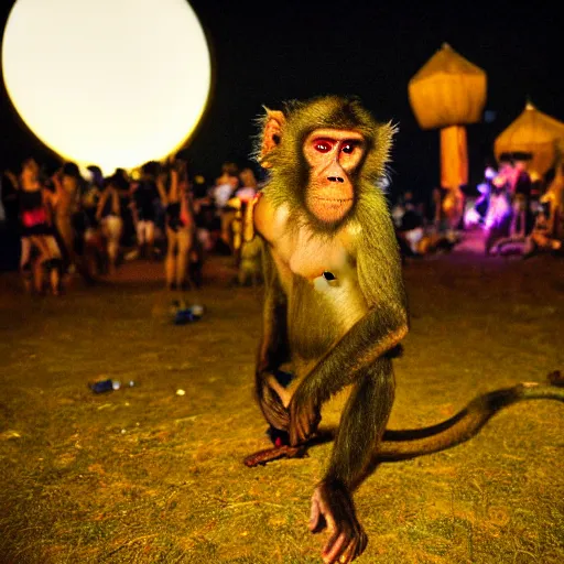 Prompt: A monkey at ozora festival by night