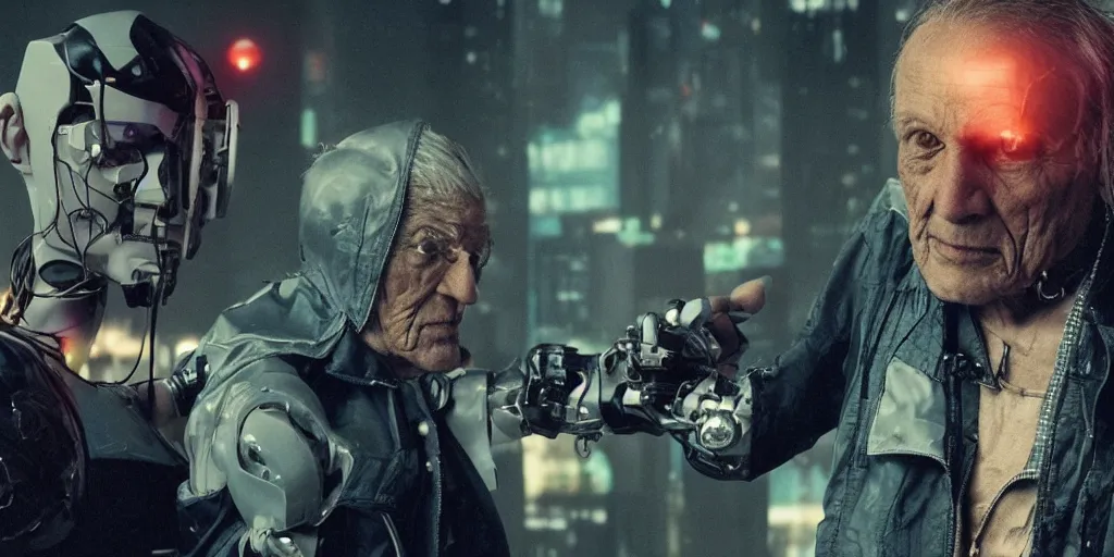 Image similar to cyberpunk buff old man fighting Deadcode humanoid robot Emmanuel Lubezki