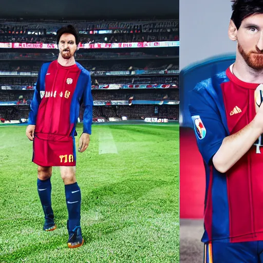 Image similar to a photography of Lionel Messi wearing a Bayern Munich jersey, Bayern Munich logo in the background, studio lighting, detailed, realistic