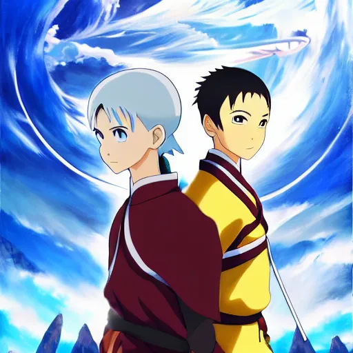 Image similar to anime key visual of avatar : the last airbender, acrylic painting, cinematic, dramatic lighting, realistic eyes, aesthetically pleasing, anatomically correct