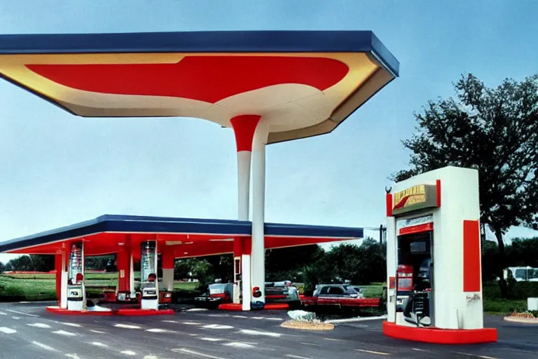 Image similar to a beautiful luxurious gas station, retro and 1 9 8 0 s style, beautiful architecture