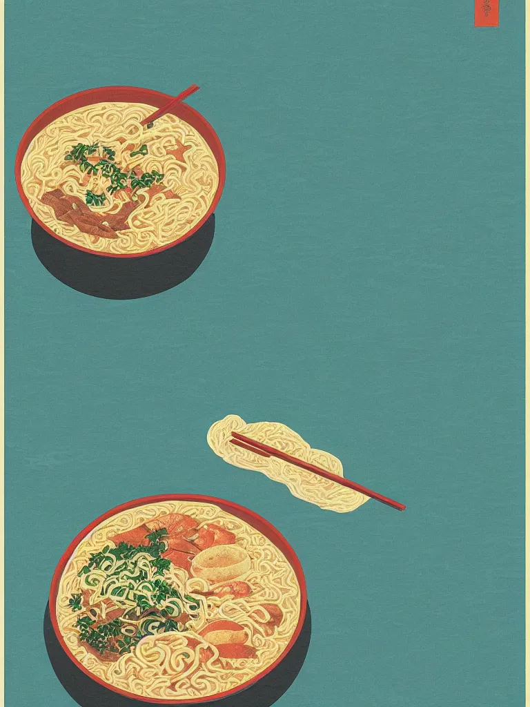 Prompt: ! dream bowl of ramen in the sea at sunset in the style of hasui kawase, as a bauhaus vintage exhibition poster, vintage, grainy