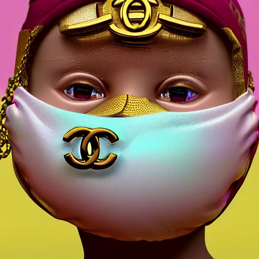 Image similar to a high tech 3 d rendering of a a baby cherub angel wearing a balaclava face mask, ski mask, face covered, gucci, chanel, covered face, fixed eyes, tattoos, multiple gold cuban chain necklace, graffiti in background octane render, blender