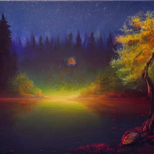 Prompt: lake, forest, night, fog, trees, glowing fireflies, moonshine, volumetric lighting, canvas, oil paint