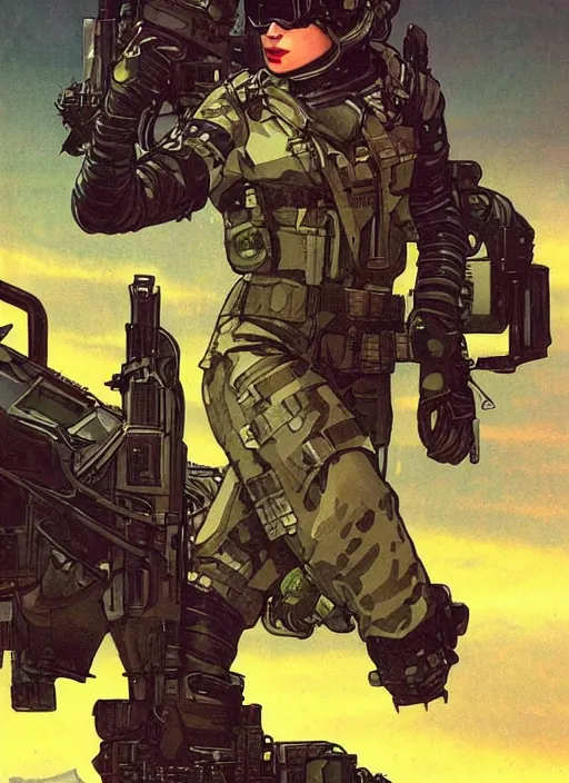 Prompt: Selina. USN special forces futuristic recon operator, cyberpunk military hazmat exo-suit, on patrol in the Australian autonomous zone, deserted city skyline. 2087. Concept art by James Gurney and Alphonso Mucha. (mgs, rb6s)