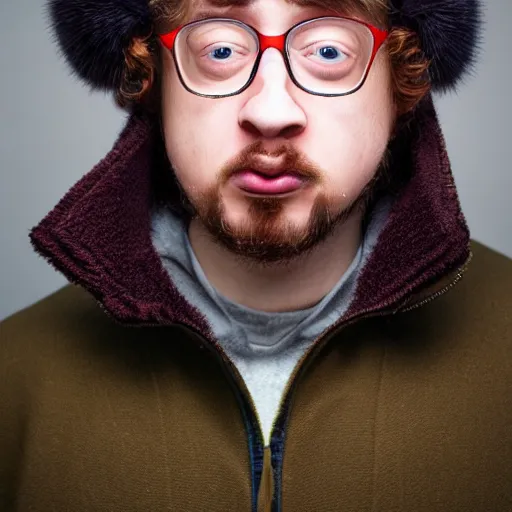 Image similar to professional head shot of sam hyde wearing a ushanka, very detailed, very intricate, detailed face,