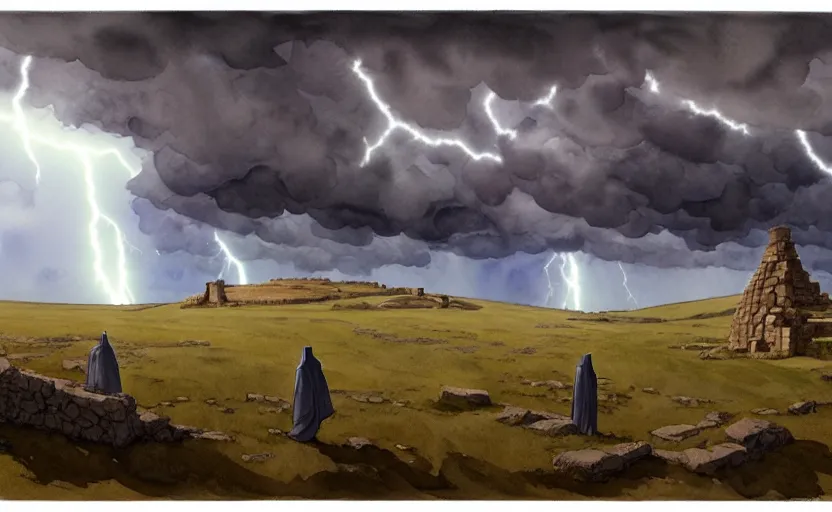 Image similar to a hyperrealist watercolor concept art of a giant ufo in the sky above gobekli tepe during a thunderstorm. a medieval monk in grey robes is in the foreground. very muted colors, by rebecca guay, michael kaluta, charles vess. high detail, hq, wide shot, 4 k