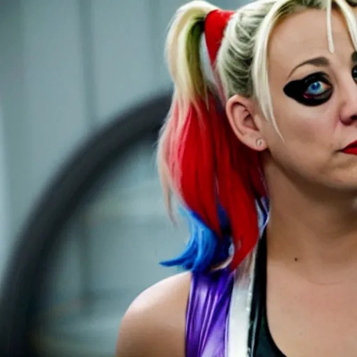 Image similar to A still of Kaley Cuoco as Harley Quinn