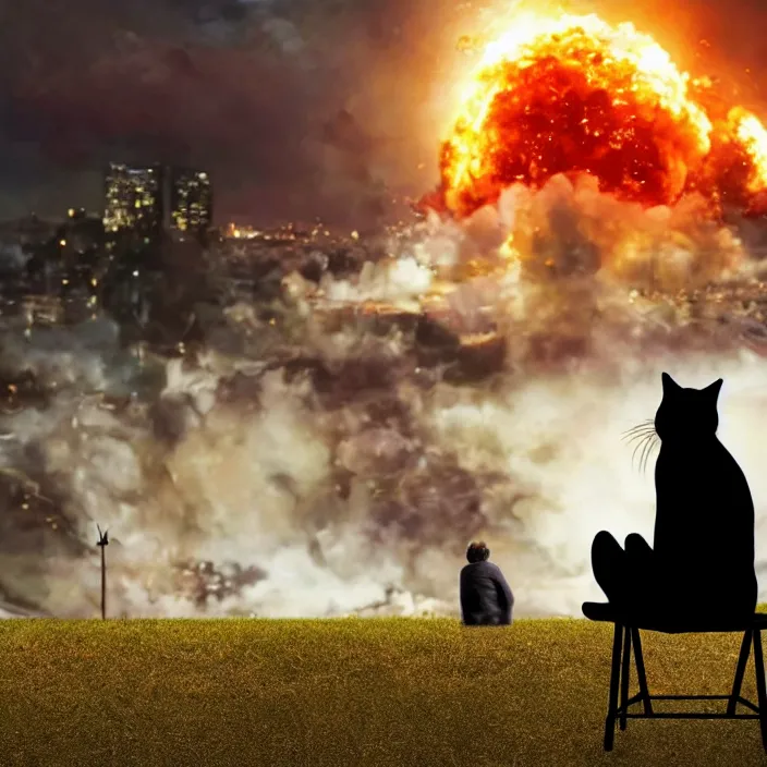 Image similar to cinematic movie close up shot, background blur bokeh, old man sitting with black cat watching nuke explosion close up!, world ending nuke, 4 k