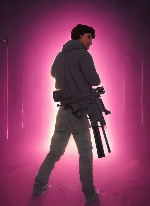 Image similar to highly detailed portrait justin trudeau in ( ( fuschia hoody ) ) holding ar - 1 5! in gta v stephen bliss unreal engine fantasy art by greg rutkowski loish rhads ferdinand knab makoto shinkai lois van baarle ilya kuvshinov rossdraws tom bagshaw global illumination radiant light detailed intricate environment