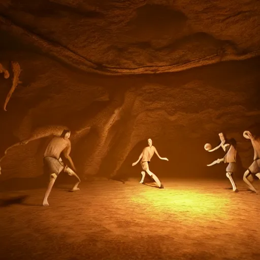 Prompt: high resolution unreal engine render of cavemen playing basketball inside cave at night, cave lit by torch light, stalagmites