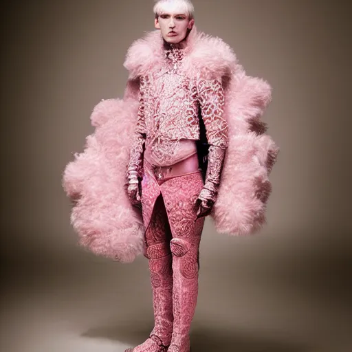 Image similar to a portrait of a beautiful young male wearing an alexander mcqueen armor made of pink lace , photographed by andrew thomas huang, artistic