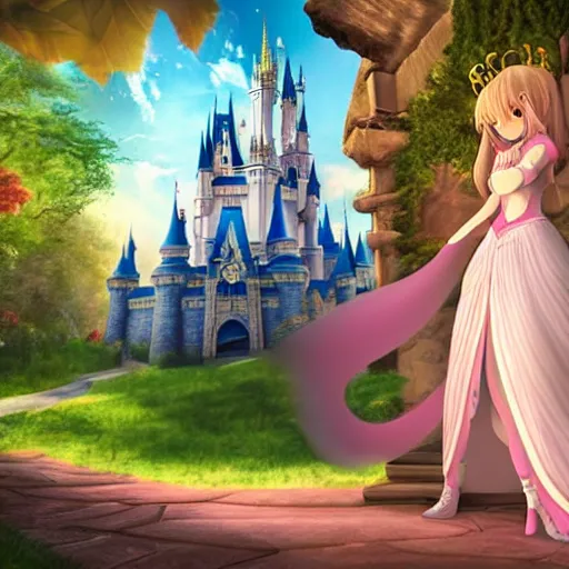 Image similar to a pleasant, beautiful, funny, smooth 3D CG render, semirealistic anime style, a noble priestess magician princess girl wearing dress and jewelry, in a glorious magic kingdom with castle and walls, relaxing calm vibes, fairytale