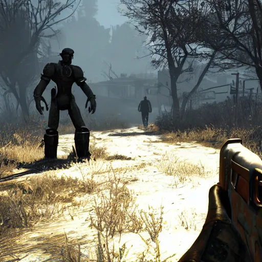 Image similar to Fallout 4 gameplay screenshot, wasteland, Slender Man in the background