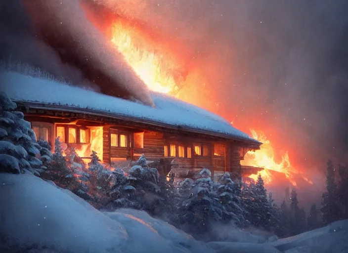 Image similar to mountain chalet covered in fire, smoke, sunrise, snow, sharp details, sharp focus, elegant, highly detailed, illustration, by Jordan Grimmer and greg rutkowski and PiNe(パイネ) and 薯子Imoko and 香川悠作 and wlop and maya takamura, intricate, beautiful, Trending artstation, pixiv, digital Art