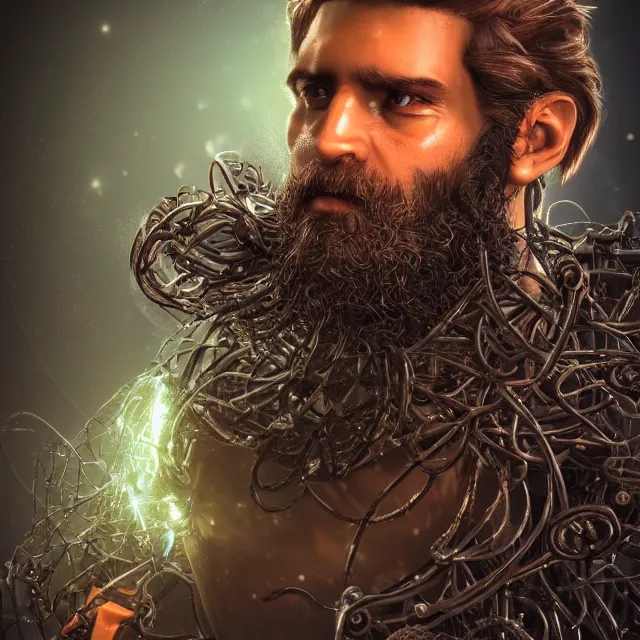 Image similar to realistic, dark hairy handsome man, love, joy, complex cybernetic beings, glowing hair, vortexes, large array, ornate hair, 3 d model, fish eye, round form, cinematic light shadows, wet hdr refractions, insanely detailed rendering, artstation, 8 k, * * * * *