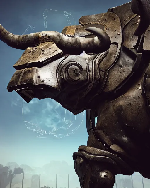 Image similar to a full body shot of an imposing cyborg ( bull ) modeled after a bull looking into the camera, android, cyborg, full body shot, intricate, 3 d, hyper realism, symmetrical, octane render, strong bokeh, fantasy, highly detailed, depth of field, digital art, artstation, concept art, cinematic lighting, trending