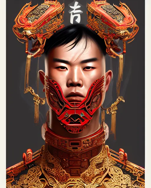 Prompt: portrait of a chinese masculine male cyberpunk machine, machine face, upper half portrait, decorated with chinese opera motifs, muscular arms, asian, fine china, wuxia, traditional chinese art, intricate, elegant, highly detailed symmetry headpiece digital painting artstation concept art smooth sharp focus illustration, art by artgerm and greg rutkowski alphonse mucha 8 k