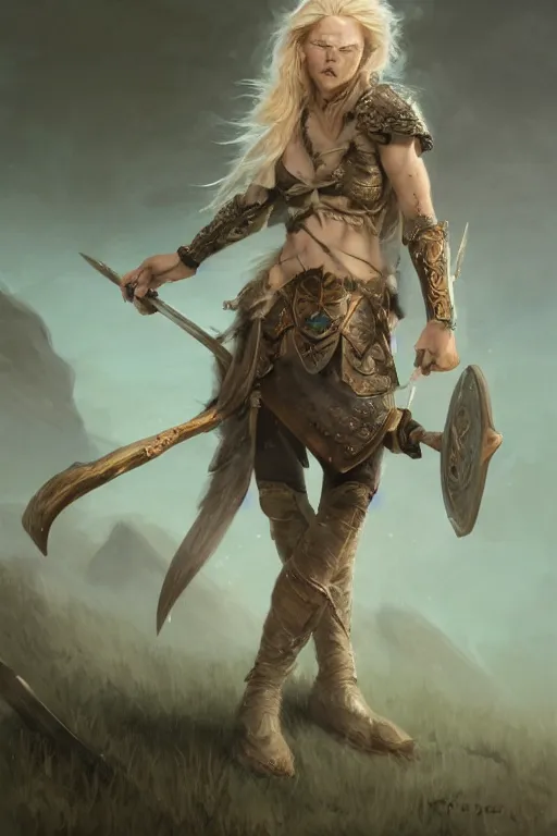 Image similar to ultra detailed powerful female viking, blond long hair, green eyes, axe un hand, battle ready, sharp bone structure, extremely detailed digital painting, in the style of fenghua zhong and ruan jia and jeremy lipking and peter mohrbacher, mystical colors, rim light, beautiful lighting, 8 k, stunning scene, raytracing, octane, trending on artstation