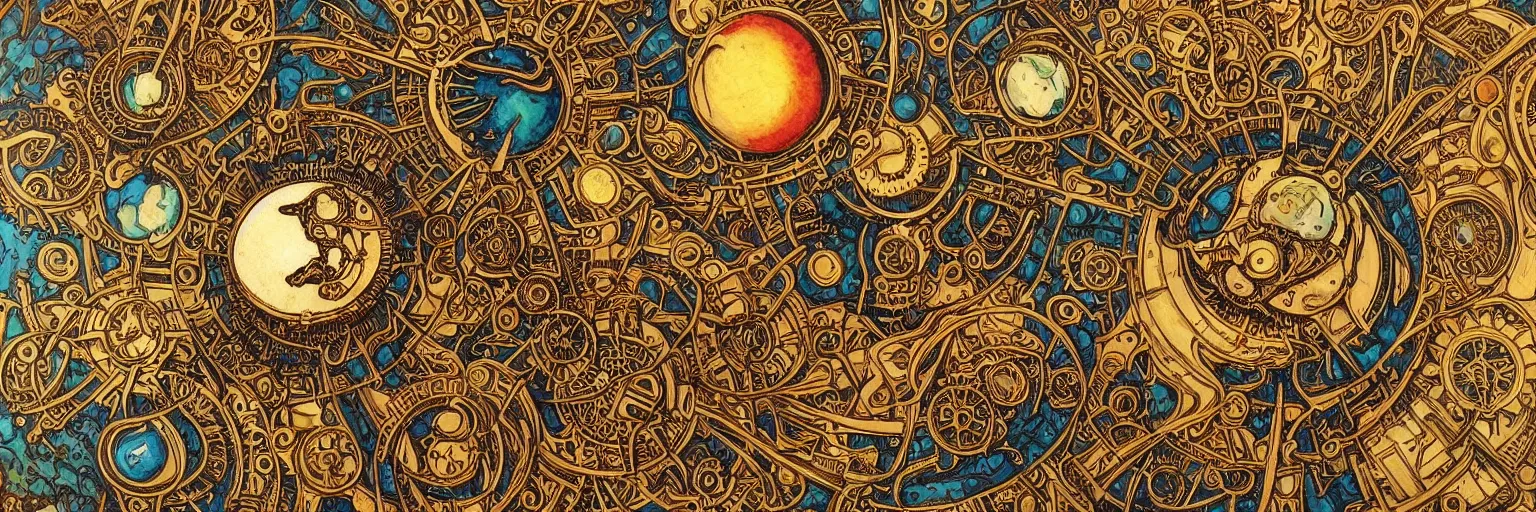 Image similar to steampunk art nouveau portrait of a sun and moon and stars and a comet and the planet earth, rich bright colors, intricate, ornate, circuitry, gears, carved, extremely hyperdetailed, art deco, four color, sharp focus