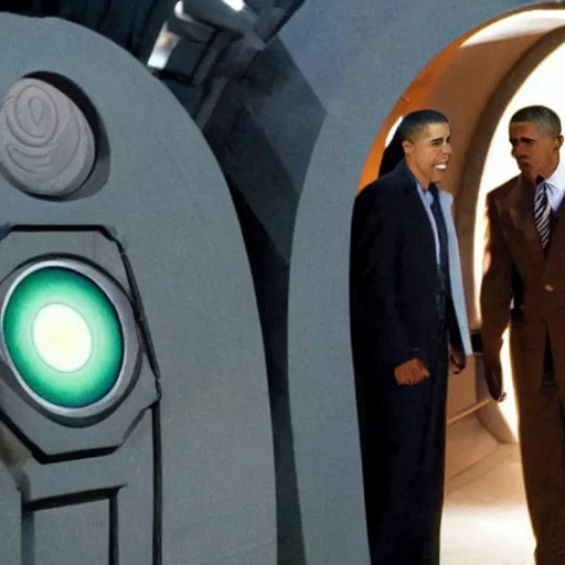 Prompt: barrack obama going through a stargate in the sg - 1 base, holding a goauld in his right hand