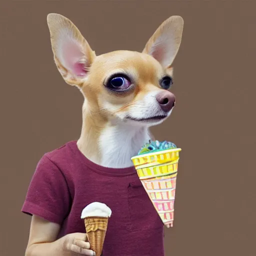 Prompt: a cute chihuahua eating an ice cream in the style of anni albers