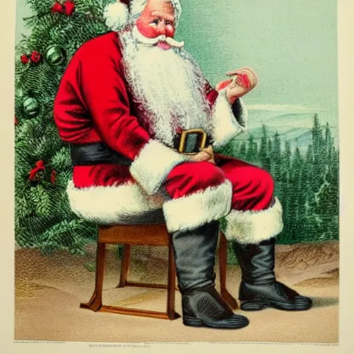 Image similar to currier and ives print showing santa claus on a toilet with his pants around around his ankles, highly detailed, family friendly