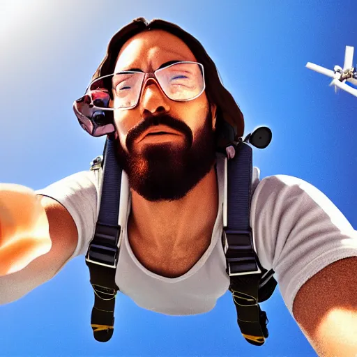 Prompt: a macro portrait of Jesus taking a selfie while skydiving, hyperdetailed, artstation, 8k,