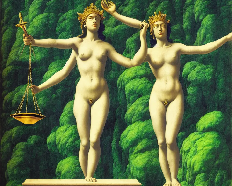 Image similar to achingly beautiful print of lady justice outside a temple in the rainforest by raphael, hopper, and rene magritte. detailed, romantic, enchanting, trending on artstation.