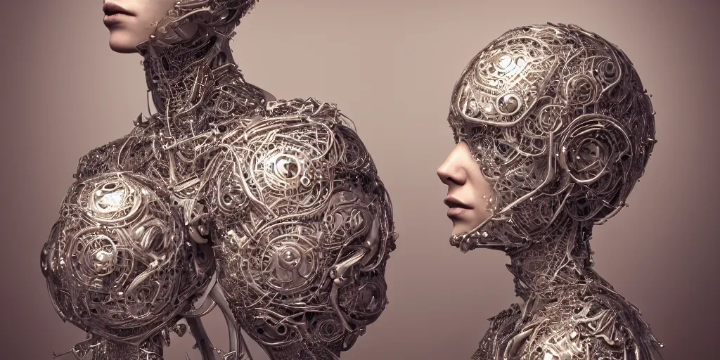 Prompt: hyper realistic photography of a beautiful cyborg androgynous humanoid, holding close, holding sphere, affectionately, intricate filigree, in the style of beth cavener, jin kagetsu, wlop, highly detailed, symmetry, masterpiece, concept art, ringflash, highkey lighting, ambient lighting, octane render, 8 k, artstation