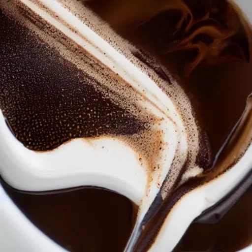 Image similar to close-up of nitro-cold-brew-coffee mixing with cream, perfect turbulence mixing cream-and-coffee, swirled, texture,