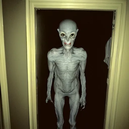 Prompt: grainy photo of a grey alien as a creepy monster in a closet, harsh flash