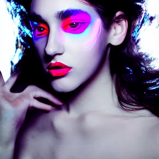 Prompt: high fashion photography of a model in neo futurism white sci - fi neon light led makup, transparent cloth, beautifully lit