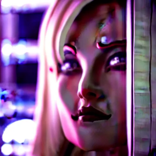 Image similar to beautiful android peeking at you though the curtains, short spiky blonde hair, cyberpunk outfit, still from closed circuit tv footage