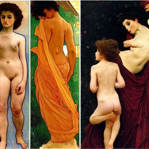 Image similar to stairway to heaven, dynamic contrapposto, william - adolphe bouguereau, egon schiele, gustav klimt, alphonse mucha