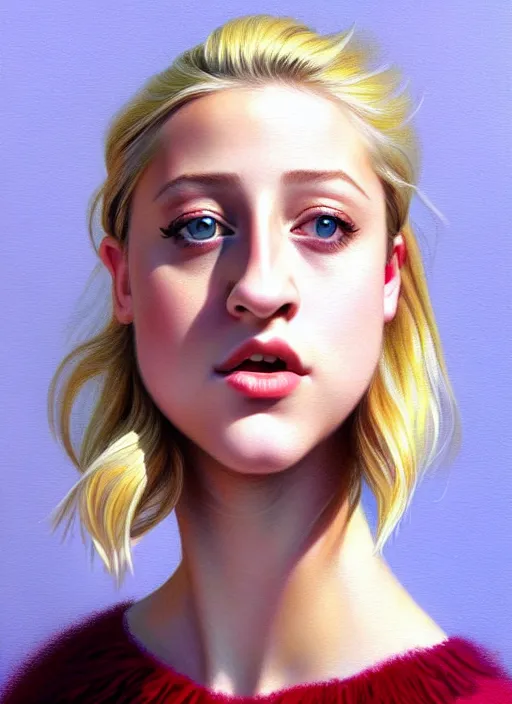 Image similar to full body portrait, teenage lili reinhart, blonde hair, obese, bangs, ponytail, sultry, realistic, sweater, fluffy bangs, fully clothed, curly bangs, fat, belly, intricate, elegant, highly detailed, digital painting, artstation, concept art, smooth, sharp focus, illustration, art by wlop, mars ravelo and greg rutkowski