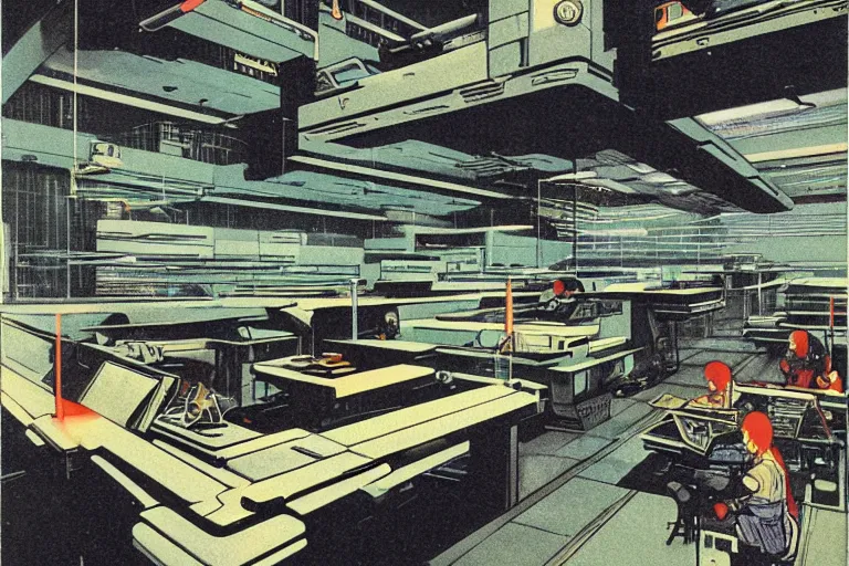 Image similar to 1979 OMNI Magazine Cover depicting a large architectural drafting room. Cyberpunk Akira style by Vincent Di Fate