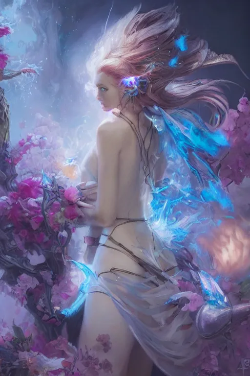 Prompt: beautiful girl necromancer, magical fairy exploding into flowers, angels, 3 d render, hyper - realistic detailed portrait, holding fire and electricity rainbow, ruan jia, wlop. scifi, fantasy, magic the gathering, hyper detailed, octane render, concept art, peter mohrbacher