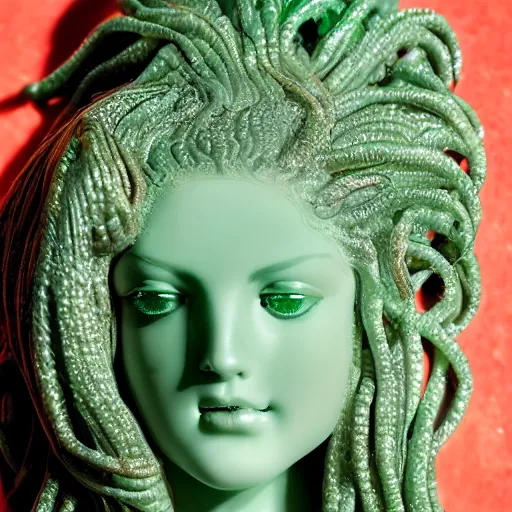 Prompt: female medusa long hair, emerald statue, beautiful delicate face, macro shot head, light realistic water sapphire eyes