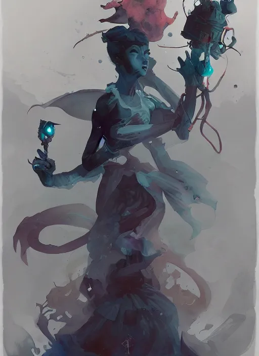 Prompt: an interdimensional, character concept art, trending on artstation, watercolor painting, on dark paper, peter mohrbacher and greg rutkowski