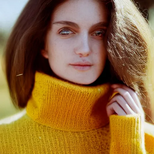 Image similar to a portrait photography of a woman wearing a yellow knitted turtleneck sweater that covers half her face. long hair. agfa vista 4 0 0 film. detailed. depth of field. cinematic. lens flare. grainy film. warm light.