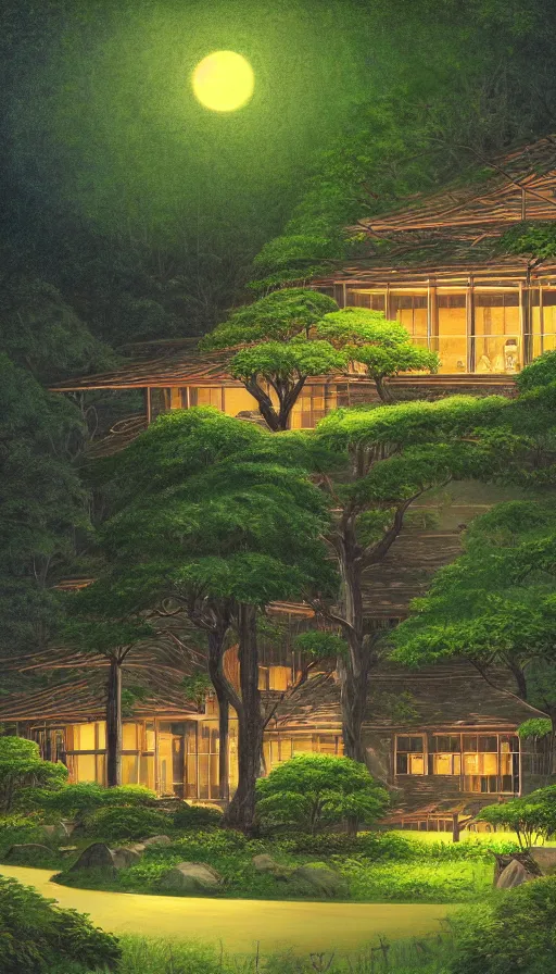 Prompt: a beautiful very detailed painting of nature home exterior by ludwig mies van der rohe, architecture island at dusk at night tron synthwave dramatic lightning rainforest forest landscape uv light meadow flowers thermal vision sunlight studio ghibli neon signs desert, archdaily, wallpaper, highly detailed, trending on artstation.