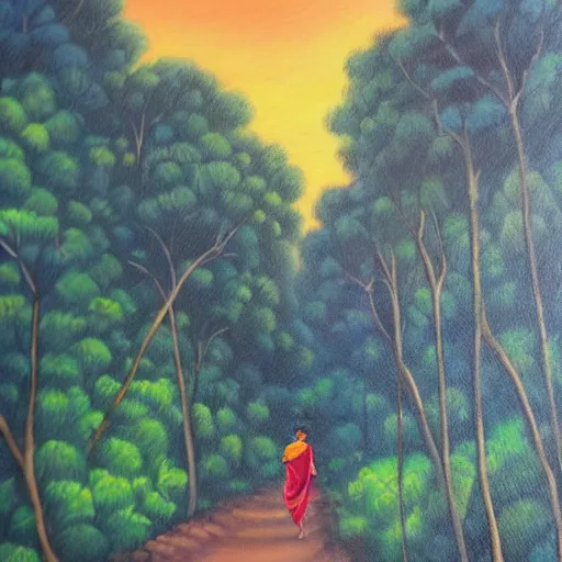 Prompt: painting by richa kashelkar of a young buddhist monk walking down a narrow road in jungle early morning