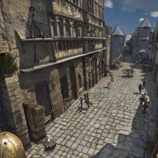 Image similar to detailed medieval fantasy streets with people walking around, unreal engine 5 rendered, incredibly highly detailed and realistic, 8 k, sharp focus, studio quality