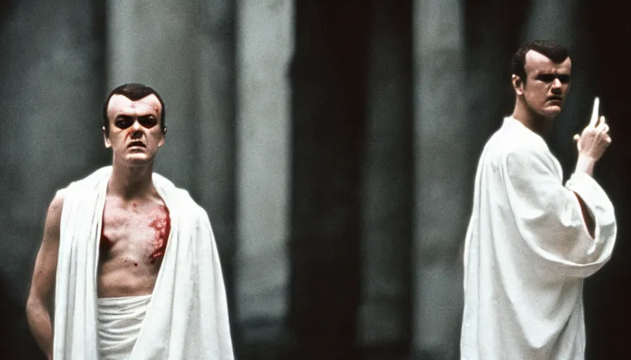 Image similar to 1 9 6 0 s movie still close - up of caligula in a white toga bleeding to death on stairs, cinestill 8 0 0 t 3 5 mm, high quality, heavy grain, high detail, dramatic light, anamorphic