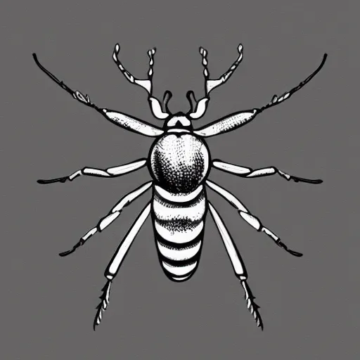 Image similar to stag beetle, black and white, botanical illustration, black ink on white paper, bold lines