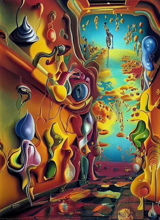 Image similar to an extremely high quality hd surrealism painting of a 3d galactic neon complimentary-colored cartoony surrealism melting optically illusiony hallway by kandsky and salviadoor dali the seventh, salvador dali's much much much much more talented painter cousin, 4k, ultra realistic, super realistic, so realistic that it changes your life