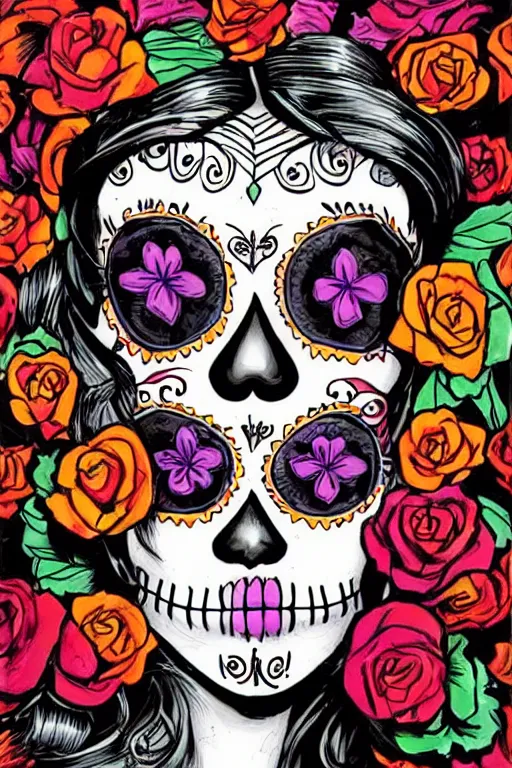 Image similar to illustration of a sugar skull day of the dead girl, art by jim lee